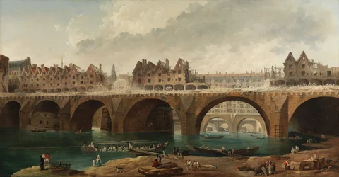 Rivingen av husene på Pont Notre-Dame i Paris