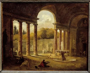 Fontene under en portiko. Maleri av Hubert Robert (1733-1808)