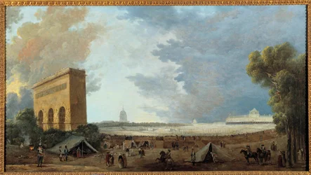 Den franske revolusjon: «Den nasjonale føderasjonsfesten feiret på Marsmarken i Paris 14. juli 1790». Hubert Robert (1733-1808). 1790. Mål: 0,52 x 0,96 m