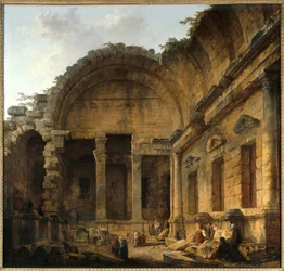 Interiør av Temple of Diane a Nimes Maleri av Hubert Robert (1733-1808) Søn. 2,42 x 2,42 m. Paris. Musee du Louvre - Interiør av Diana-tempelet i Nimes. Maleri av Hubert Robert (1733-1808). 2,42 x 2,42 m. Louvre-museet, Paris