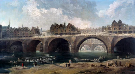 Rivingen av husene på broen Notre-Dame (Notre Dame) i Paris i 1786 Sur la Seine, en båtvask (båtvask). maleri av Hubert Robert (1733-1808) 1786 søn. 0,86x1,59 m Paris, Musee Carnavalet