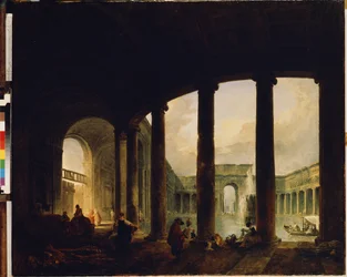 ""Et basseng omgitt av en søylegang"" (Pool Surrounded by a Colonnade (Villa Giulia?)) Dette kan være Villa Giulia i Roma. Maleri av Hubert Robert (1733-1808) Eremitagemuseet St. Petersburg