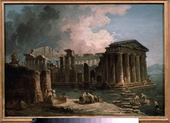 Et tempel omgir av vann. Maleri av Hubert Robert (1733-1808), olje på lerret, ca 1780, fransk kunst. State A. Pushkin Museum of Fine Arts, Moskva.