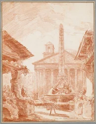 Utsikt over Piazza della Rotonda i Roma med Tritons-fontenen og Pantheon-fasaden