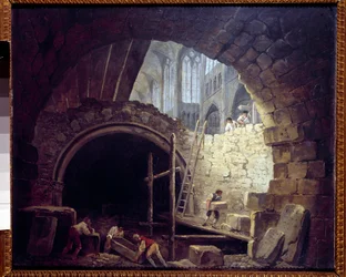 Krenkelse av kjellerne til kongene i basilikaen Saint Denis i oktober 1793. Maleri av Hubert Robert (1733-1808)