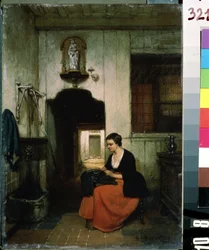 ""La brodeuse"" (broderinnen) Ung kvinne syr i et belgisk interiør. Maleri av Hubertus van Hove (1814-1865) 1860 Mikhail Kroshitsky kunstmuseum, Sevastopol (Sevastopol) Ukraina