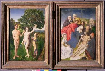 Diptyk: Syndefallet (Adam og Eva, slange og eple) og Jesu nedtagelse fra korset (etter 1479)
