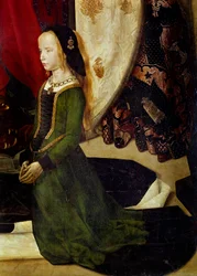Tryptic of Portinari Detalj som representerer en ung jente i bønn. Maleri av Hugo van der Goes (1440-1482). 1475 ca. H/B. 253x304 cm. galleria degli Uffizi (Kontorer), Firenze.