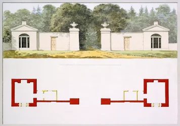 Høyde- og grunnplaner for foreslått ny inngangsport og hytter, fra den røde boken for Antony House, ca. 1812 (wc på papir)