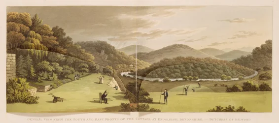 Oversiktsbilde av sør- og østfasadene på hytta i Endsleigh, Devon (før), fra Fragments on the Theory and Practice of Landscape Gardening, utgitt 1816