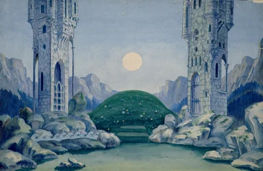 Scenografi for premieren av «Treprinsen» av Béla Bartók (1881–1945) 1917 (akvarell på papir)