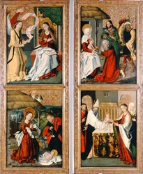 Bebudelsen, Kristi fødsel, tilbedelsen av magiene og presentasjonen i tempelet fra Szepeshely-altertavlen, 1480-90