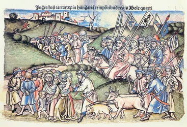 Den mongolske invasjonen av Ungarn i 1241 under Bela IVs regjeringstid av en original farget tregravering)