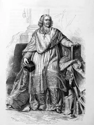 Gravert portrett av Jacques-Benigne (Jacques Benigne) Bossuet, biskop av Meaux etter Hyacinthe Rigaud (Musée du Louvre) - i "Histoire de France" av Guizot