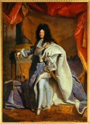 Helportrett av Ludvig XIV (1638-1715), 63 år gammel, i storslått kongelig drakt. Maleri fra Hyacinthe Rigauds (1659-1743) atelier