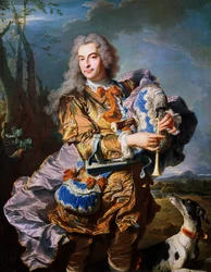 Gaspard de Gueidan spiller sekkepipe, ca 1735, av Hyacinthe Rigaud (1659-1743), olje på lerret. Detalj. Frankrike