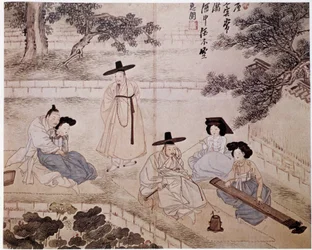 Musikk, fumery og par i en hage, Korea - av Hye-Wol, Yi-dynastiet