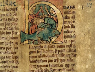 Historikert initial H fra en artikkel om delingen av strandhvaler, kopi av en original lovsamling fra 1300-tallet Jonsbok
