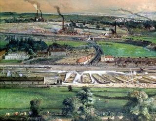 Industrielt landskap i Blanzy-kullfeltet, Saone-et-Loire, ca. 1860 wc på papirdetalj av 157397