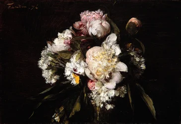 Peoner, hvite nelliker og roser, 1874