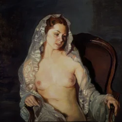 Sittende naken kvinne med gjennomsiktig mantilla - 20. århundre