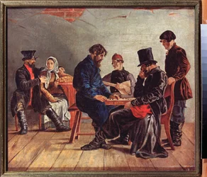 The Drafts Players (to konsentrerte spillere, en musiker og et par, i en taverna) - The Drafts Players - Maleri av Ignati Stepanovich Shchedrovsky (1815-1870), olje på lerret - Russisk kunst fra 1800-tallet - Statens kunstmuseum, Nizhny Novgorod ( Russland