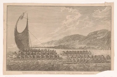 Hawaiianere og deres konge seiler i kanoer til James Cook for å gi ham gaver Terreeoboo, King of Owijhee, Captain Cook bringer gaver (tittel på objekt)