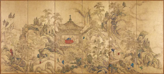 Landskap med en paviljong (Roukaku Sansui Zu, Landskap med tårn) - Venstre del av et par skjermer med seks paneler av Ike no Taiga (1723-1776), akvarell og blekk på papir, ca. 1750 - 1700-talls japansk kunst, orientalsk landskap - Tokyo National M