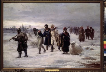 I 1812. (Fanger fanget fra Napoleons Grande Armee går i snøen, utmattet, eskortert av russiske bønder). Maleri av Illarion Mikhailovich Pryanishnikov (1840-1894), olje på lerret