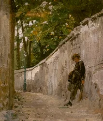 GUTTEN LENSER MOT VEGEN I EN HAGE, MONTMARTRE