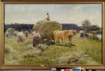 Høyproduksjon (landbruksscene om sommeren, bønder som samler høy i et okselag) - Høyproduksjon - Maleri av Nikolai Kornilovich Pimonenko (1862-1912), olje på lerret