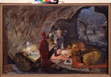 Fødselen. Tilbedelse av Kristusbarnet. Maleri av Yuri Ilyich Repin (Youri Repin) (1877-1954), olje på lerret, ca 1920. Russisk kunst, 1900-tallet. I. repin Memorial Museum Penates, St. Petersburg.