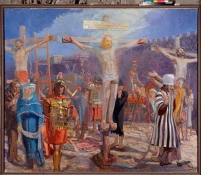 Golgata. Scene fra korsfestelsen. På sidene er den gode røveren, også kalt Sankt Dismas (eller Dysmas, Dimas, Dumas), og den onde røveren (Gesmas eller Gestas), to tyver korsfestet med Jesus Kristus, avbildet.