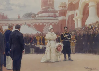Nicholas II tok imot eldste i landdistriktet 18. mai 1896 i gården til Petrovsky-palasset i Moskva, 1897