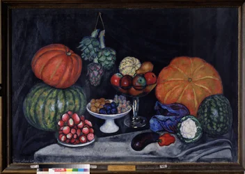 Grønnsaker. Stilleben med gresskar, artisjokker, plommer, druer, epler, pære, aubergine, pepper, kål, blomkål og vannmelon. (Grønnsaker. Stilleben). Maleri av Ilya Ivanovich Mashkov (Ilia Mashkov, Matchkov) (1881-1944), olje på lerret