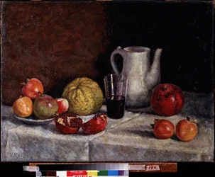 Stilleben med et granateple. Maleri av Ilya Ivanovich Mashkov (Ilia Mashkov, Matchkov) (1881-1944), olje på lerret, sent 1930. Russisk kunst fra 1900-tallet, sovjetisk kunst. Regionalt A. Deineka kunstgalleri, Kursk (Russland).