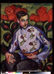 Portrett av en gutt i en skjorte med blomster. Maleri av Ilya Ivanovich Mashkov (Ilia Mashkov, Matchkov) (1881-1944), olje på lerret