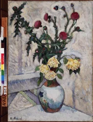 Roser og tistler (roser og tistler). Maleri av Ilya Ivanovich Mashkov (Ilia Mashkov, Matchkov) (1881-1944), olje på lerret
