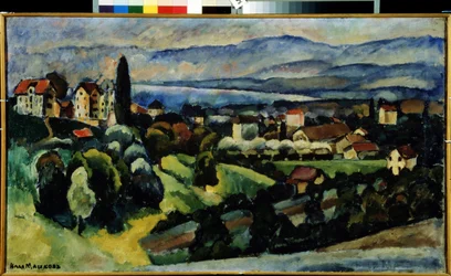 Utsikt over byen Nervi (Italia) Beskrivelse av landskapet og den lille byen på kysten av den italienske rivieraen, nær Genova, om sommeren. Maleri av Ilya Ivanovich Mashkov (Ilia Mashkov, Matchkov) (1881-1944), olje på lerret.