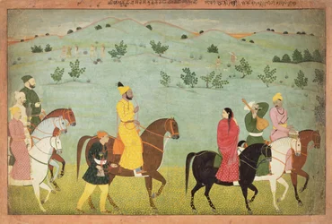 En Jasrota-prins, muligens Balwant Singh, på rideekspedisjon, av Nainsukh (fl. 1740-50) Kashmir, ca. 1751