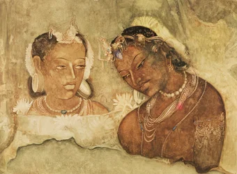 En prinsesse og hennes tjener, kopi av en freske fra Ajanta-hulene, India