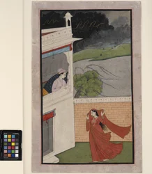 En dame kommer til kjæresten sin i et regnvær, ca. 1830 (ugjennomsiktig m/c og gull på papir)