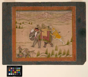 En løve angriper et jaktselskap på toppen av en elefant, ca. 1810 (ugjennomsiktig akvarell og gull på papir)