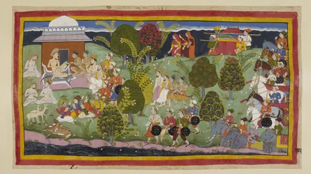 Legg til 15296 (1) f.105r, De to prinsene, brahminene og ministrene nærmer seg eremitasjen Bharadva ja til fots, med de tre dronningene på avstand over horisonten etterfulgt av kullene deres. Hæren med sine elefanter og vogner venter bak. På l