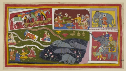 Legg til 15296 (1) f.107r, Hestene, elefantene og soldatene nyter også Bharadvajas gjestfrihet. Hestene, hinket og tjoret, spiser av store gullfat; likeså elefantene, presentert her med sukkerrør. Elefantene bader i en lotussjø int