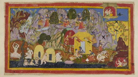 Legg til 15296 (1) f.111r, I mellomtiden er alt fredelig med de eksilene i deres bolig på Citrakuta-fjellet. Rama påpeker dens skjønnhet Sita - de mange variantene av vakre trær og fugler, steinene farget av edelstener og mineraler, og Mandakina-elven w