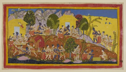 Legg til 15296 (1) f.114r, Øverst i midten kaster Bharata og Shatrughna seg for føttene til Rama, som omfavner sine yngre brødre og lukter på hodet til Sitaeir. Rama tar dem på fanget mens han spør etter deres og farens velferd, og h