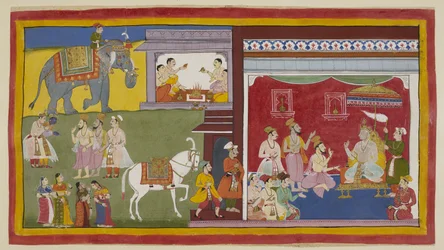 Legg til 15296 (1) f.11r, Dasaratha, tronet i durbar, forteller brahminene Vasistha og Vamadeva og hans minister Sumantra om hans intensjon om å fratre sin trone til Rama som regent; til venstre tilkaller disse tre Rama og Laksmana. Over begynner fire brah
