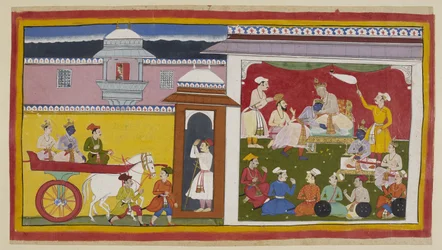 Legg til 15296 (1) f.12r, Sumantra bringer Rama og Laksmana i en vogn til Dasarathas durbar-sal, med en kvinne som ser ned ovenfra gjennom en jharokha. Kongen hilser Rama, informerer ham om avgjørelsen hans og setter ham på en liten trone ved siden av ham 