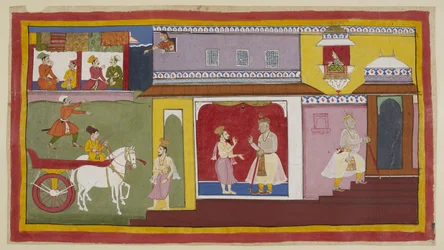Legg til 15296 (1) f.18r, Vasistha vender tilbake til palasset og forteller Dasaratha at alt er forberedt for seremonien. Dasaratha trekker seg tilbake til et indre kammer i palasset. Ovenfor ser Kaikeyis tjener Manthara ut av et øvre vindu og observerer s